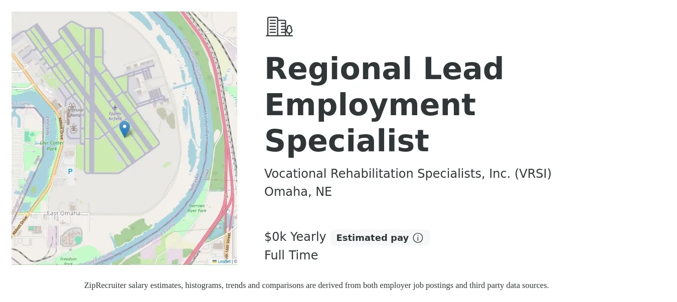 Vocational Rehabilitation Specialists, Inc. (VRSI) job posting for a Regional Lead Employment Specialist in Omaha, NE with a salary of $25 to $35 Hourly with a map of Omaha location.