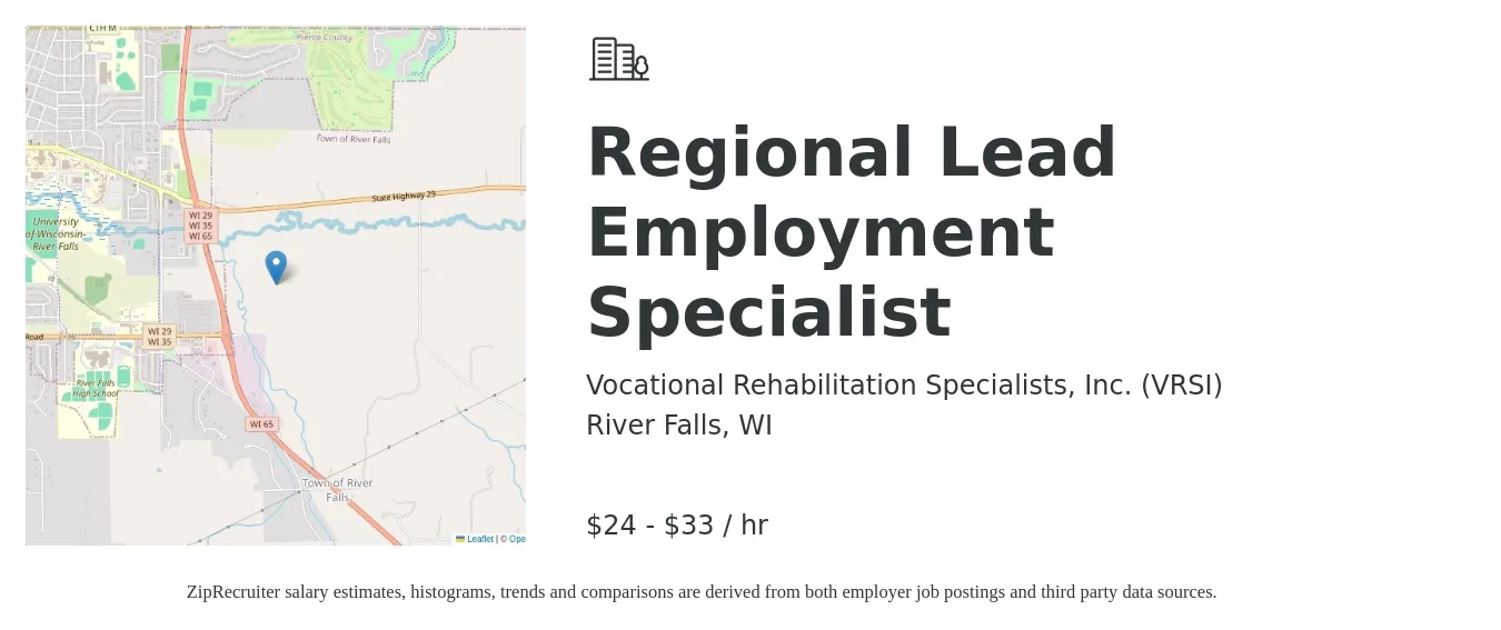 Vocational Rehabilitation Specialists, Inc. (VRSI) job posting for a Regional Lead Employment Specialist in River Falls, WI with a salary of $25 to $35 Hourly with a map of River Falls location.