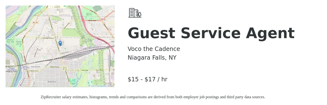 Voco the Cadence job posting for a Guest Service Agent in Niagara Falls, NY with a salary of $16 to $18 Hourly with a map of Niagara Falls location.