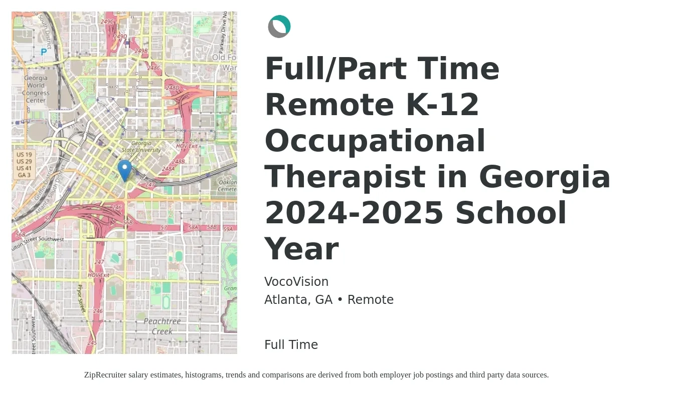 VocoVision job posting for a Full/Part Time Remote K-12 Occupational Therapist in Georgia 2024-2025 School Year in Atlanta, GA with a salary of $39 to $51 Hourly with a map of Atlanta location.