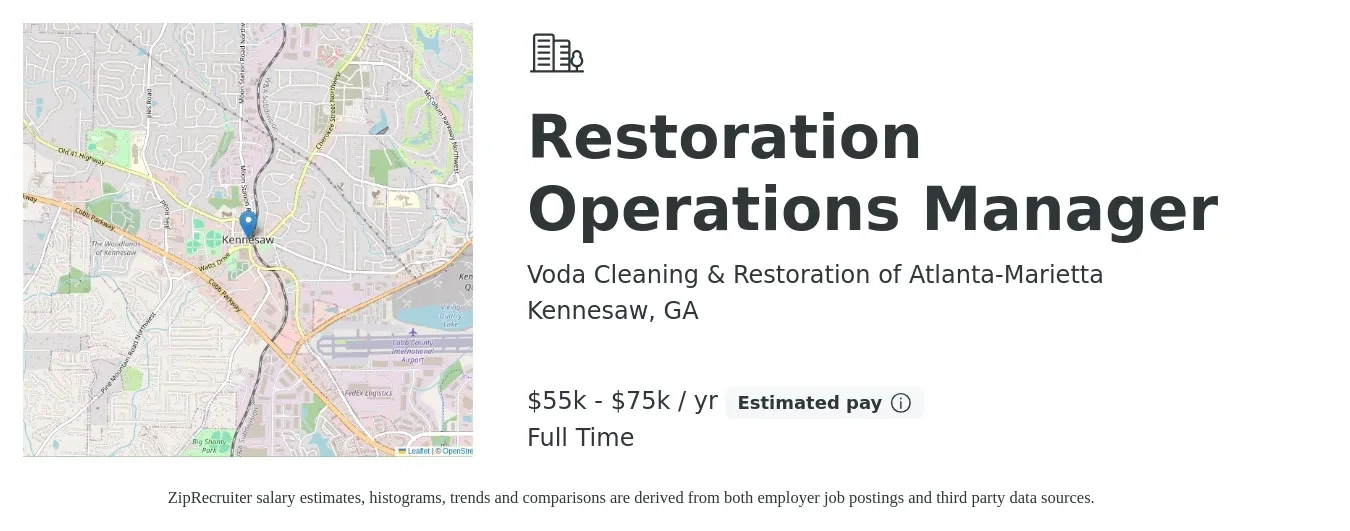 Voda Cleaning & Restoration of Atlanta-Marietta job posting for a Restoration Operations Manager in Kennesaw, GA with a salary of $55,000 to $75,000 Yearly with a map of Kennesaw location.