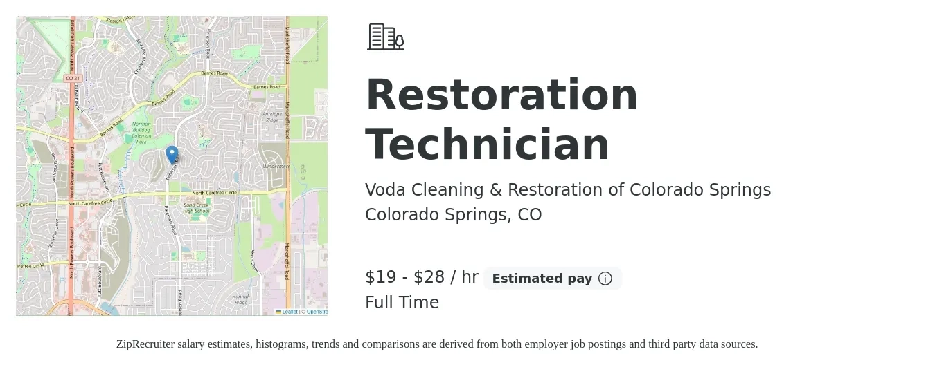Voda Cleaning & Restoration of Colorado Springs job posting for a Restoration Technician in Colorado Springs, CO with a salary of $20 to $30 Hourly with a map of Colorado Springs location.