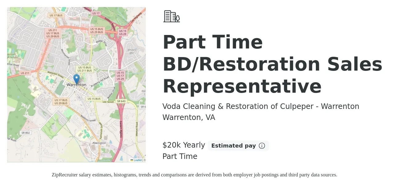 Voda Cleaning & Restoration of Culpeper - Warrenton job posting for a Part Time BD/Restoration Sales Representative in Warrenton, VA with a salary of $20,000 Yearly with a map of Warrenton location.