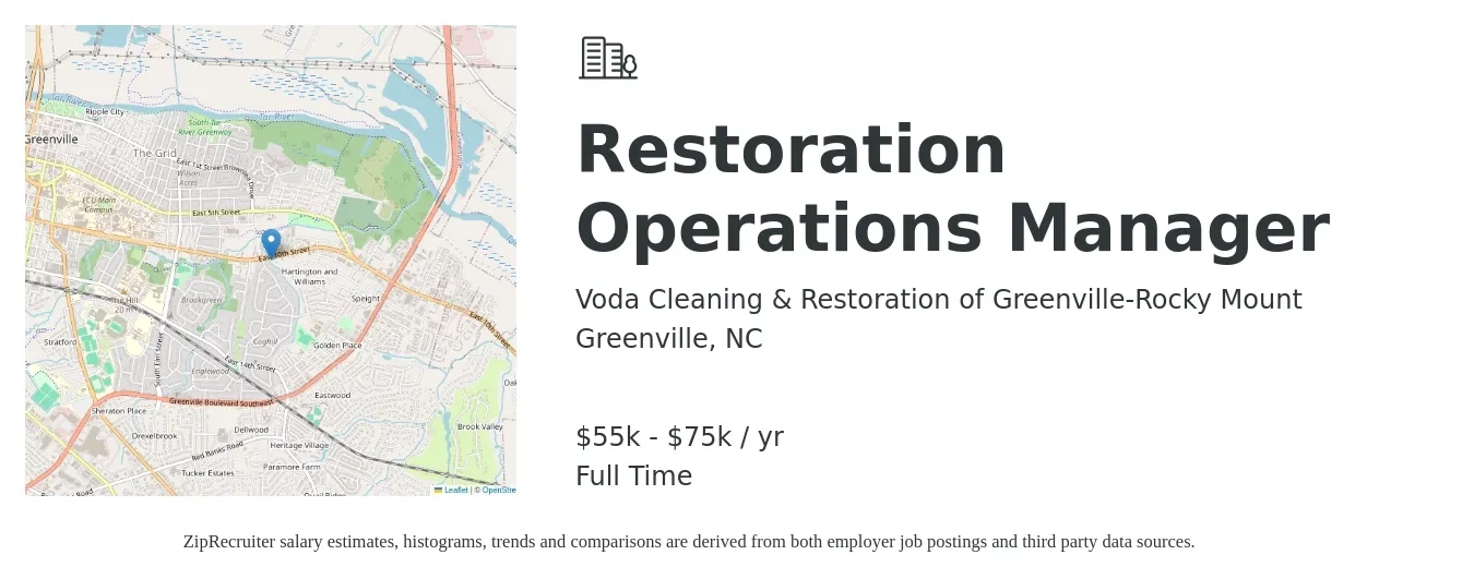 Voda Cleaning & Restoration of Greenville-Rocky Mount job posting for a Restoration Operations Manager in Greenville, NC with a salary of $55,000 to $75,000 Yearly with a map of Greenville location.
