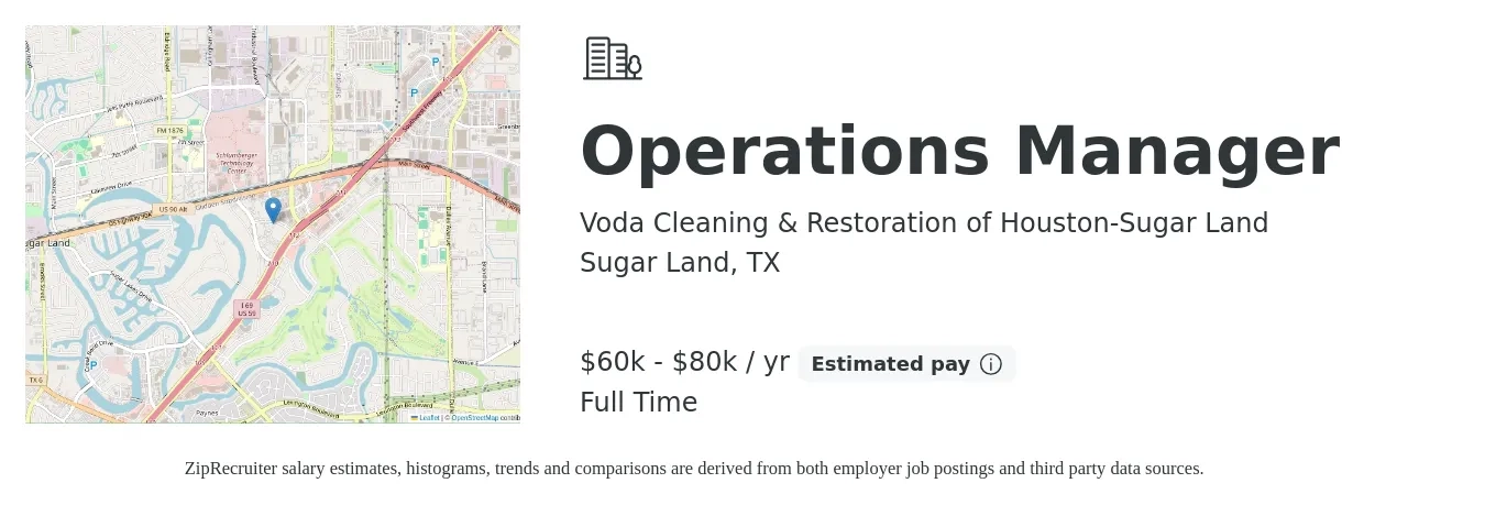 Voda Cleaning & Restoration of Houston-Sugar Land job posting for a Operations Manager in Sugar Land, TX with a salary of $60,000 to $80,000 Yearly with a map of Sugar Land location.