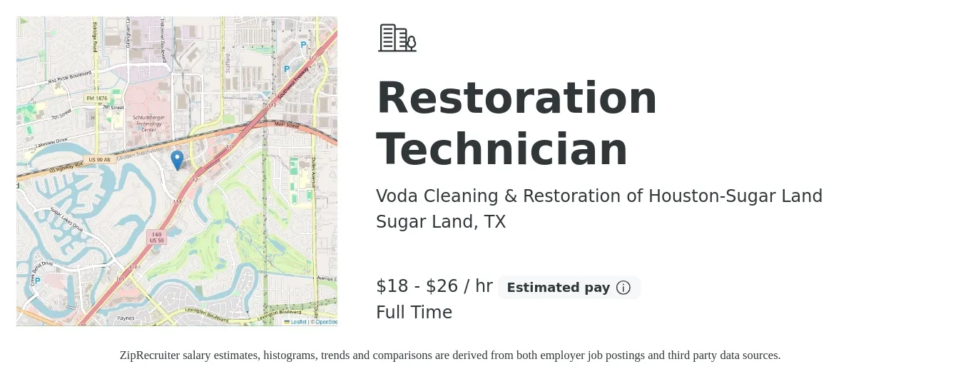 Voda Cleaning & Restoration of Houston-Sugar Land job posting for a Restoration Technician in Sugar Land, TX with a salary of $19 to $28 Hourly with a map of Sugar Land location.