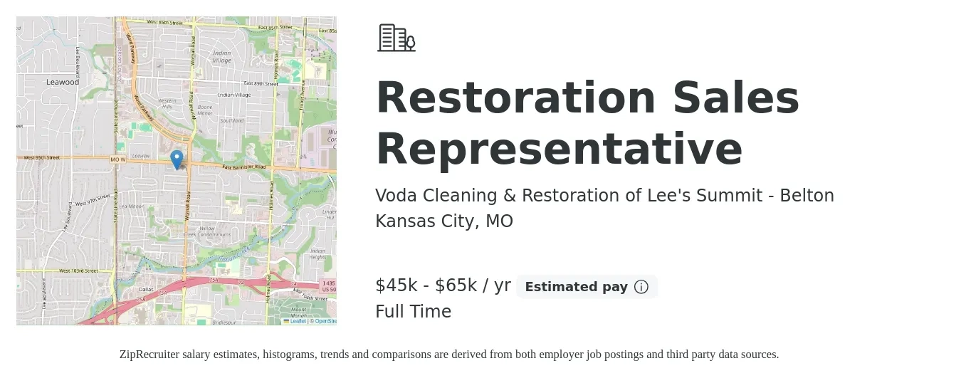 Voda Cleaning & Restoration of Lee's Summit - Belton job posting for a Restoration Sales Representative in Kansas City, MO with a salary of $45,000 to $65,000 Yearly with a map of Kansas City location.