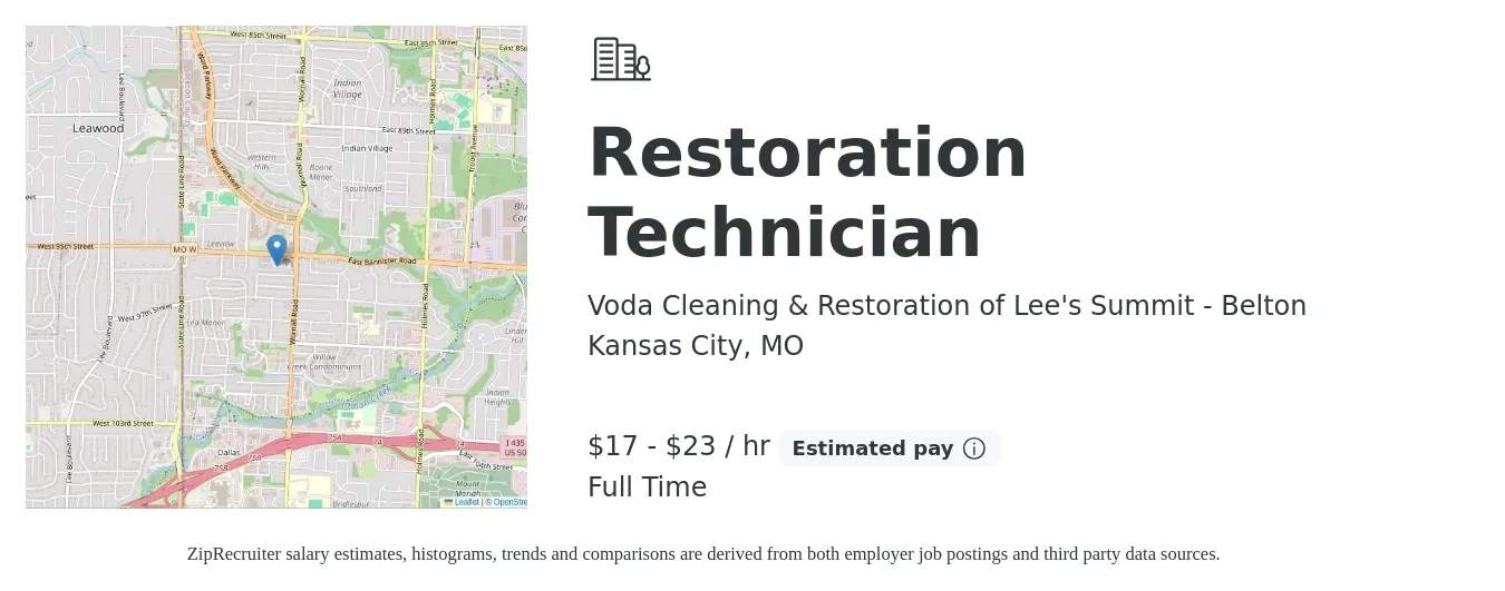 Voda Cleaning & Restoration of Lee's Summit - Belton job posting for a Restoration Technician in Kansas City, MO with a salary of $18 to $24 Hourly with a map of Kansas City location.