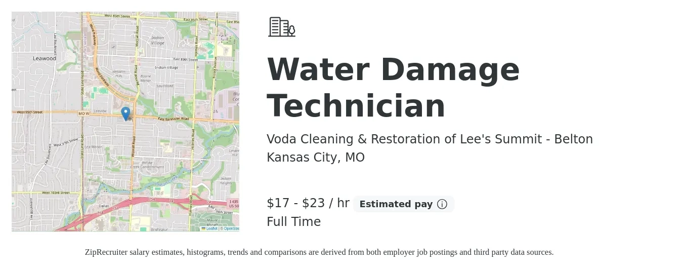 Voda Cleaning & Restoration of Lee's Summit - Belton job posting for a Water Damage Technician in Kansas City, MO with a salary of $18 to $24 Hourly with a map of Kansas City location.