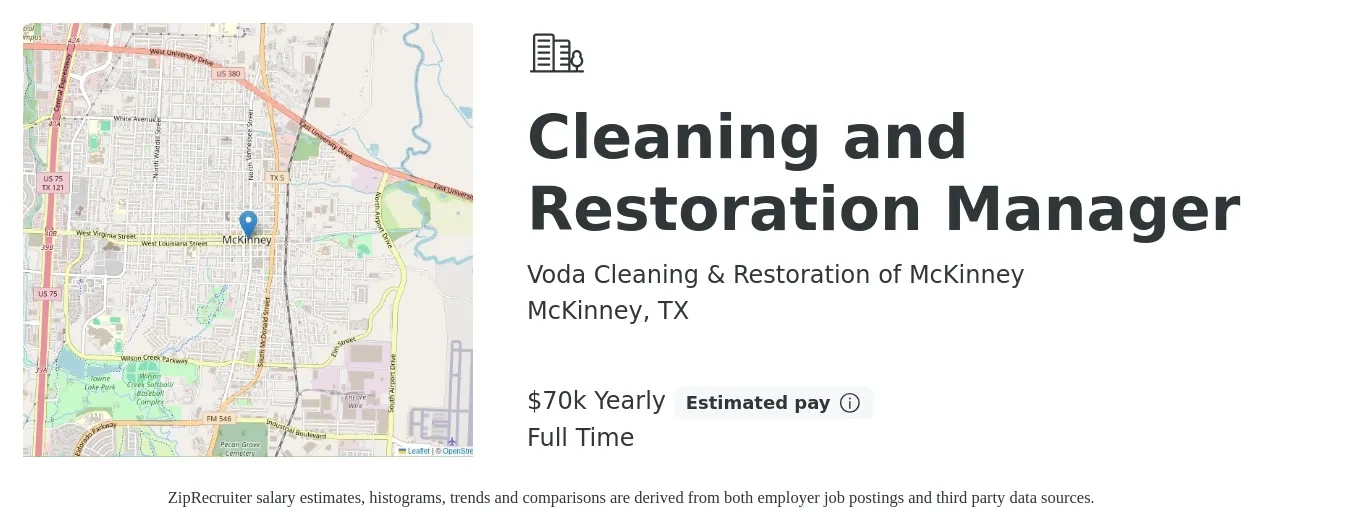 Voda Cleaning & Restoration of McKinney job posting for a Restoration and Cleaning Manager in McKinney, TX with a salary of $70,000 Yearly with a map of McKinney location.