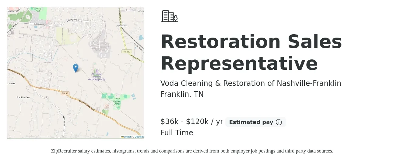Voda Cleaning & Restoration of Nashville-Franklin job posting for a Restoration Sales Representative in Franklin, TN with a salary of $36,000 to $120,000 Yearly with a map of Franklin location.