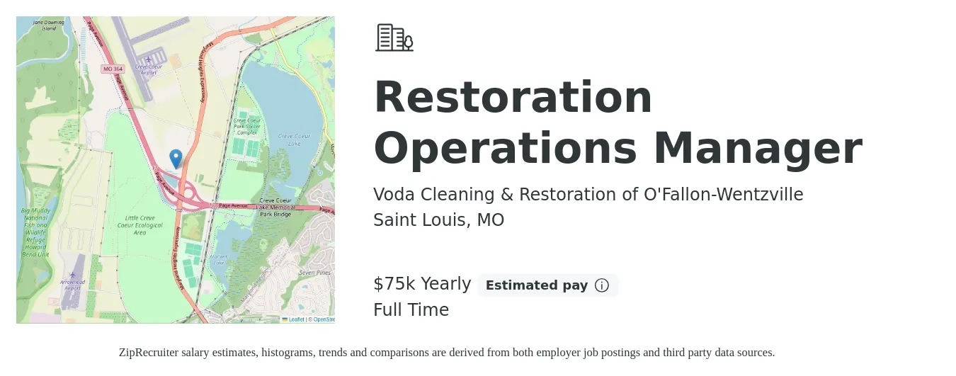 Voda Cleaning & Restoration of O'Fallon-Wentzville job posting for a Restoration Operations Manager in Saint Louis, MO with a salary of $75,000 Yearly with a map of Saint Louis location.