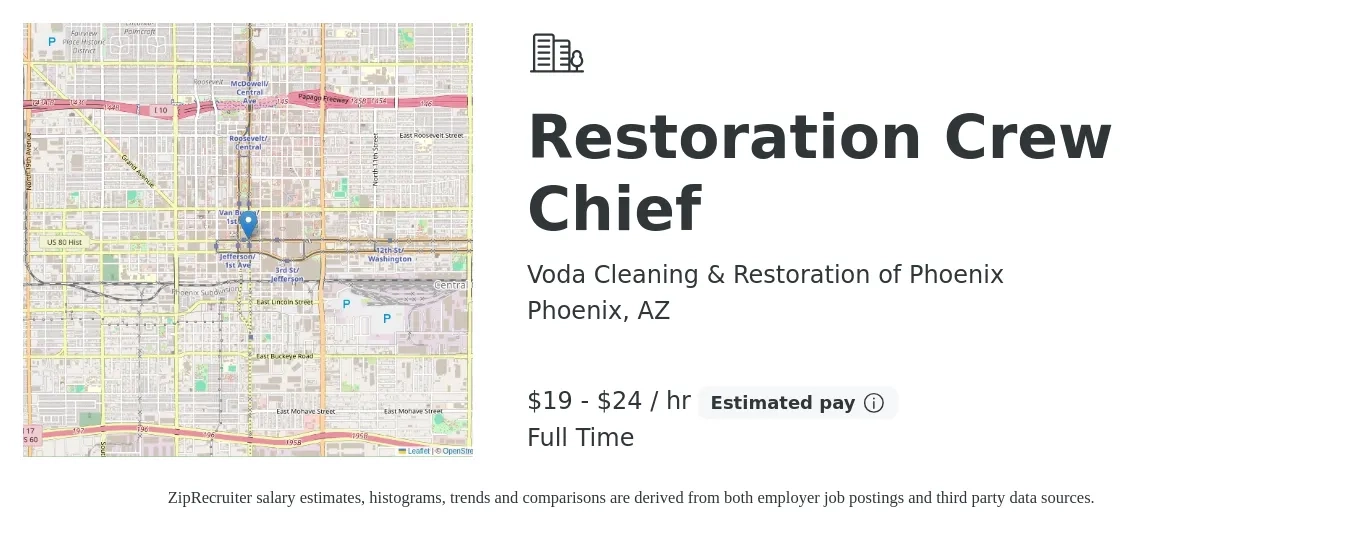 Voda Cleaning & Restoration of Phoenix job posting for a Restoration Crew Chief in Phoenix, AZ with a salary of $20 to $25 Hourly with a map of Phoenix location.