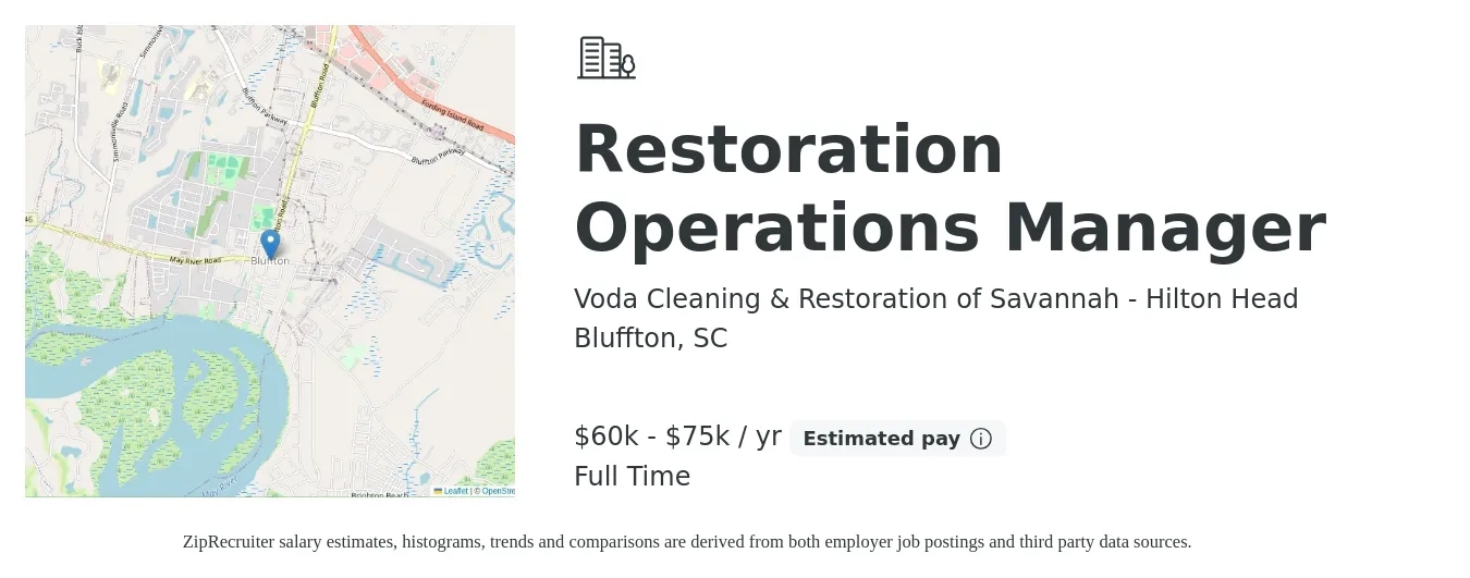 Voda Cleaning & Restoration of Savannah - Hilton Head job posting for a Restoration Operations Manager in Bluffton, SC with a salary of $60,000 to $75,000 Yearly with a map of Bluffton location.