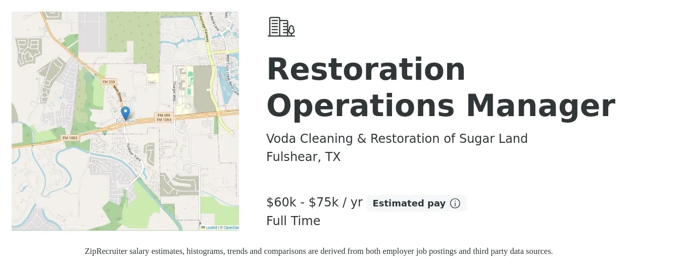 Voda Cleaning & Restoration of Sugar Land job posting for a Restoration Operations Manager in Fulshear, TX with a salary of $60,000 to $75,000 Yearly with a map of Fulshear location.