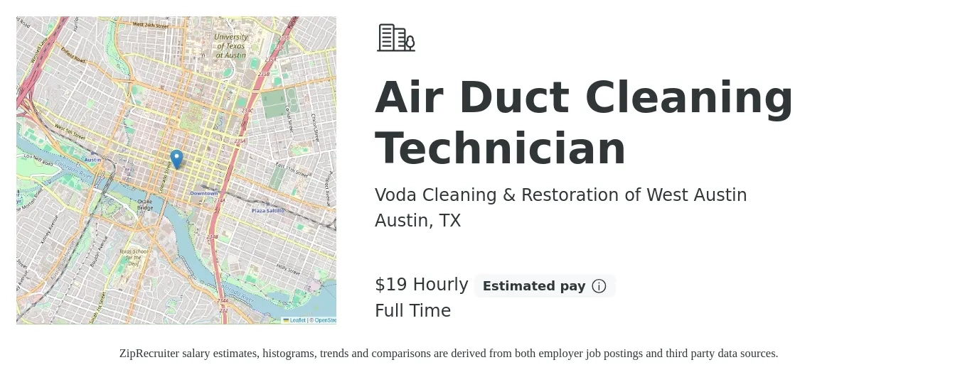 Voda Cleaning & Restoration of West Austin job posting for a Air Duct Cleaning Technician in Austin, TX with a salary of $20 Hourly with a map of Austin location.