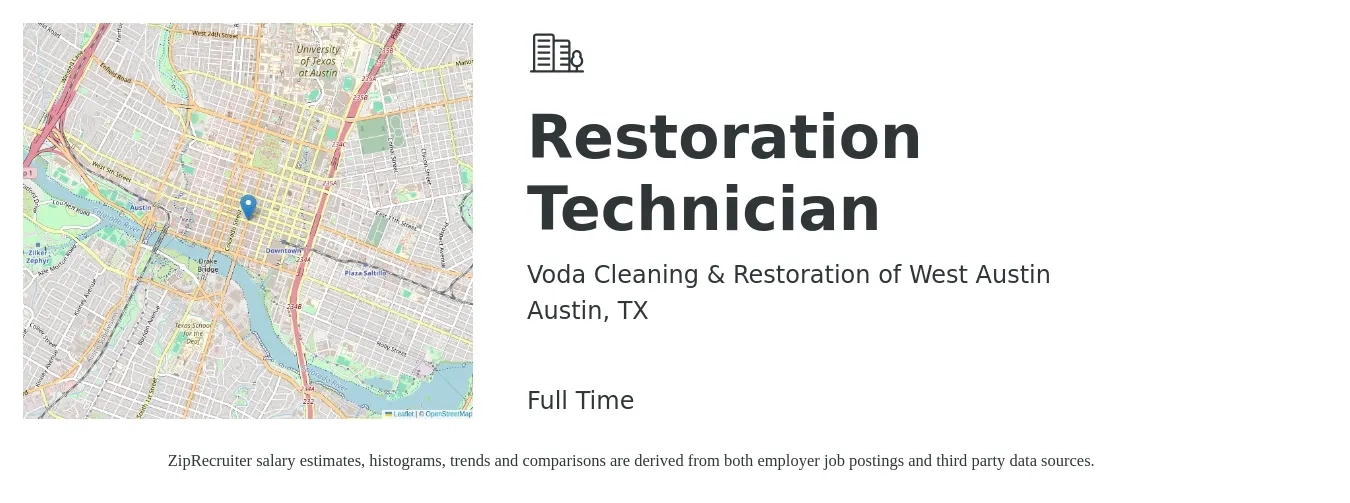 Voda Cleaning & Restoration of West Austin job posting for a Restoration Technician in Austin, TX with a salary of $16 to $20 Hourly with a map of Austin location.