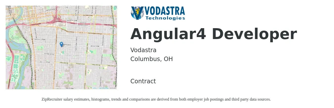 Vodastra job posting for a Angular4 Developer in Columbus, OH with a salary of $102,400 to $151,600 Yearly with a map of Columbus location.