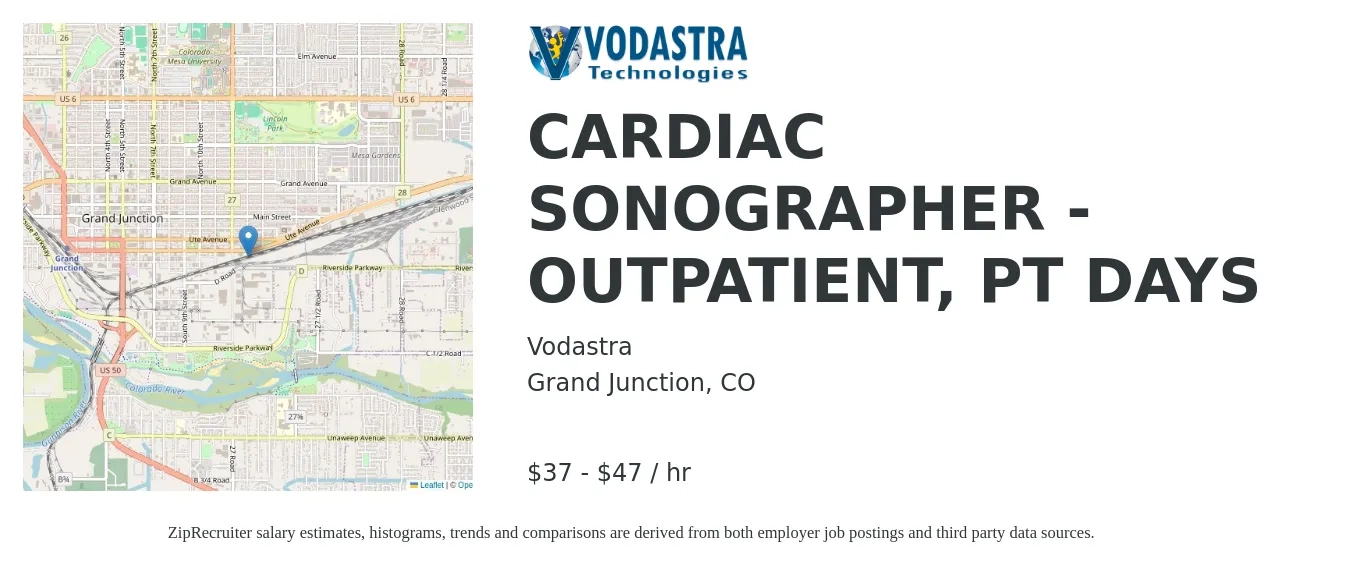 Vodastra job posting for a CARDIAC SONOGRAPHER - OUTPATIENT, PT DAYS in Grand Junction, CO with a salary of $40 to $50 Hourly with a map of Grand Junction location.
