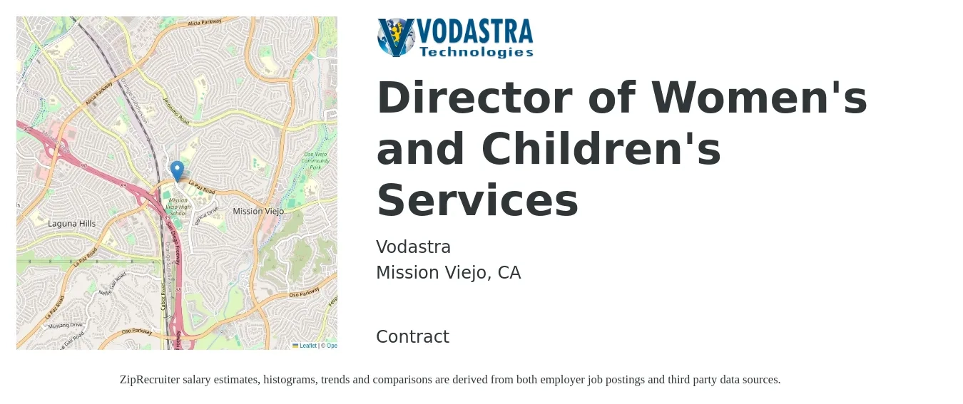 Vodastra job posting for a Director of Women's and Children's Services in Mission Viejo, CA with a salary of $182,000 to $195,000 Yearly with a map of Mission Viejo location.