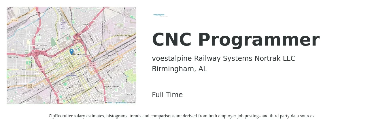 voestalpine Railway Systems Nortrak LLC job posting for a CNC Programmer in Birmingham, AL with a salary of $25 to $34 Hourly with a map of Birmingham location.