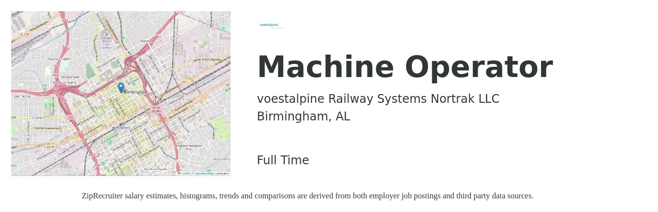 voestalpine Railway Systems Nortrak LLC job posting for a Machine Operator in Birmingham, AL with a salary of $16 to $19 Hourly with a map of Birmingham location.