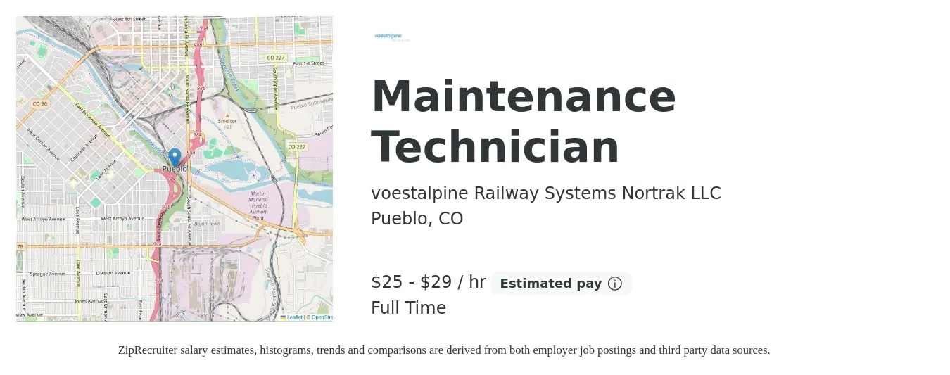 voestalpine Railway Systems Nortrak LLC job posting for a Maintenance Technician in Pueblo, CO with a salary of $25 to $29 Hourly with a map of Pueblo location.