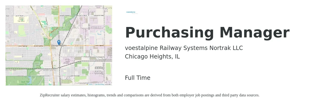 voestalpine Railway Systems Nortrak LLC job posting for a Purchasing Manager in Chicago Heights, IL with a salary of $63,500 to $97,700 Yearly with a map of Chicago Heights location.