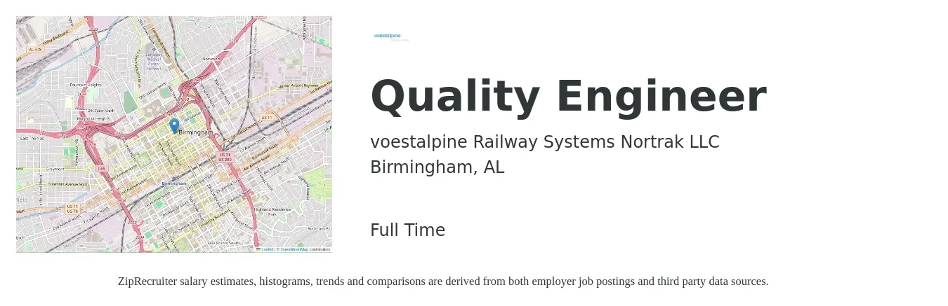 voestalpine Railway Systems Nortrak LLC job posting for a Quality Engineer in Birmingham, AL with a salary of $67,500 to $87,200 Yearly with a map of Birmingham location.