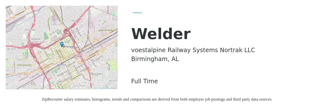 voestalpine Railway Systems Nortrak LLC job posting for a Welder in Birmingham, AL with a salary of $18 to $19 Hourly with a map of Birmingham location.