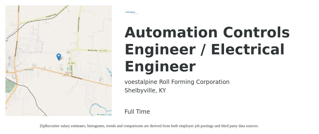 voestalpine Roll Forming Corporation job posting for a Automation Controls Engineer / Electrical Engineer in Shelbyville, KY with a salary of $74,300 to $99,300 Yearly with a map of Shelbyville location.