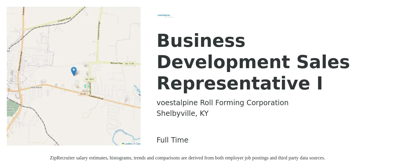 voestalpine Roll Forming Corporation job posting for a Business Development Sales Representative I in Shelbyville, KY with a salary of $45,500 to $71,500 Yearly with a map of Shelbyville location.