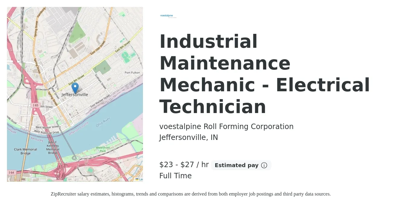 voestalpine Roll Forming Corporation job posting for a Industrial Maintenance Mechanic - Electrical Technician in Jeffersonville, IN with a salary of $25 to $28 Hourly with a map of Jeffersonville location.
