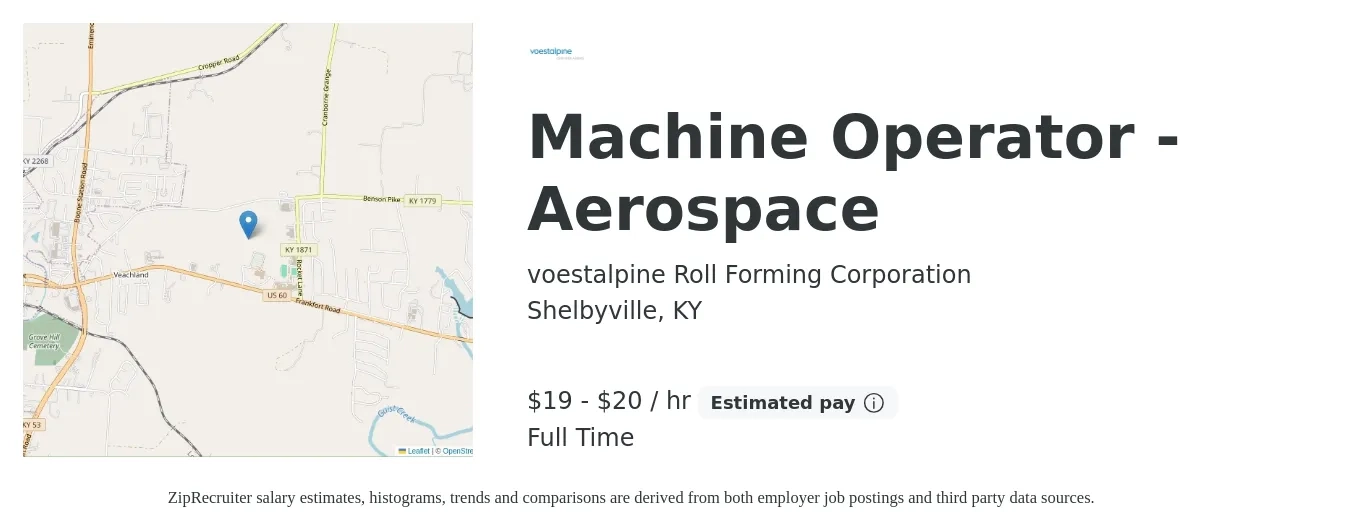 voestalpine Roll Forming Corporation job posting for a Machine Operator - Aerospace in Shelbyville, KY with a salary of $20 to $21 Hourly with a map of Shelbyville location.
