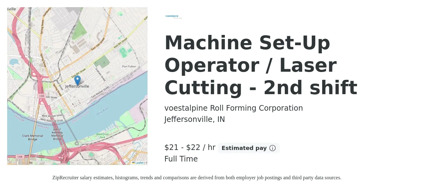 voestalpine Roll Forming Corporation job posting for a Machine Set-Up Operator / Laser Cutting - 2nd shift in Jeffersonville, IN with a salary of $22 to $23 Hourly with a map of Jeffersonville location.