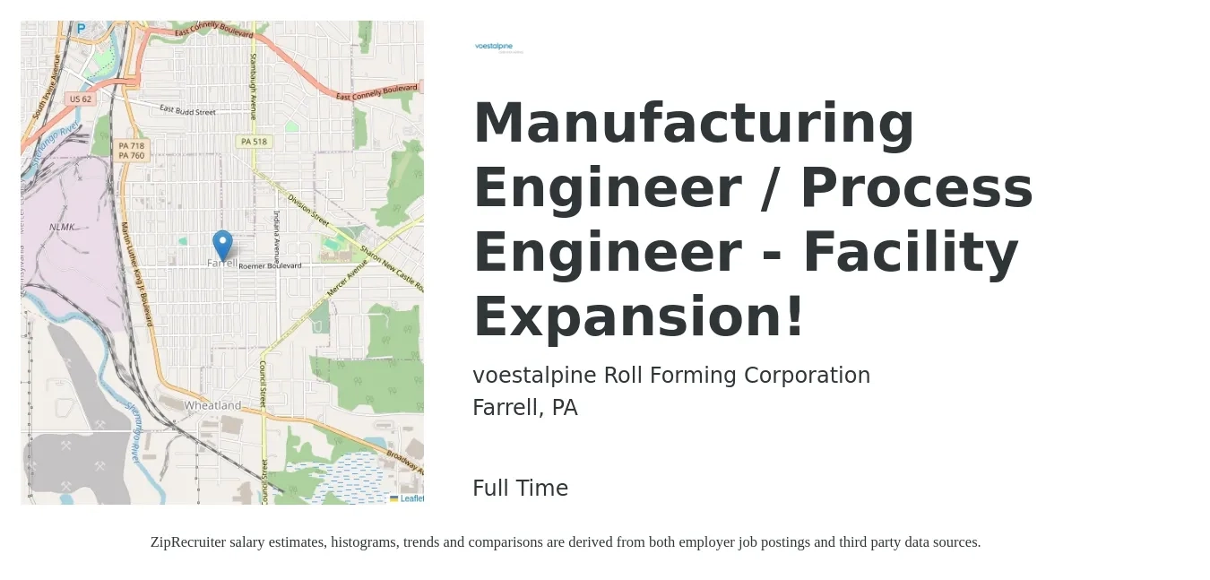 voestalpine Roll Forming Corporation job posting for a Manufacturing Engineer / Process Engineer - Facility Expansion! in Farrell, PA with a salary of $67,900 to $93,900 Yearly with a map of Farrell location.