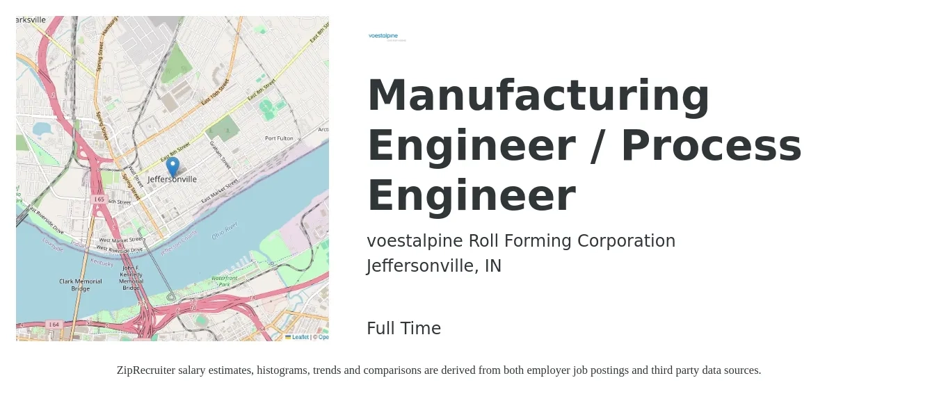 voestalpine Roll Forming Corporation job posting for a Manufacturing Engineer / Process Engineer in Jeffersonville, IN with a salary of $71,400 to $98,700 Yearly with a map of Jeffersonville location.