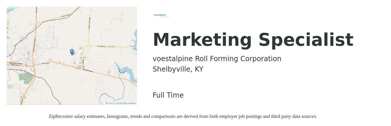 voestalpine Roll Forming Corporation job posting for a Marketing Specialist in Shelbyville, KY with a salary of $44,100 to $65,000 Yearly with a map of Shelbyville location.