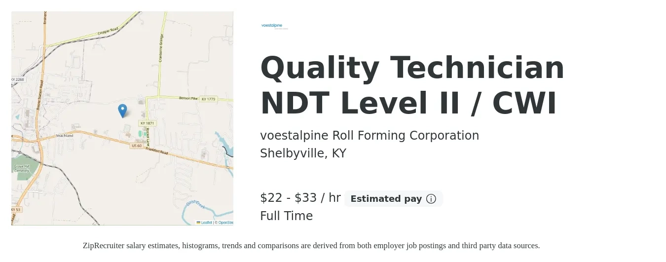 voestalpine Roll Forming Corporation job posting for a Quality Technician NDT Level II / CWI in Shelbyville, KY with a salary of $23 to $35 Hourly with a map of Shelbyville location.