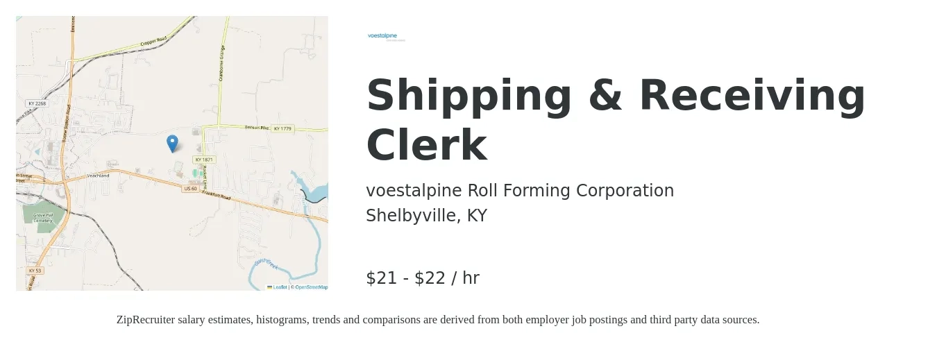 voestalpine Roll Forming Corporation job posting for a Shipping & Receiving Clerk in Shelbyville, KY with a salary of $22 to $23 Hourly with a map of Shelbyville location.