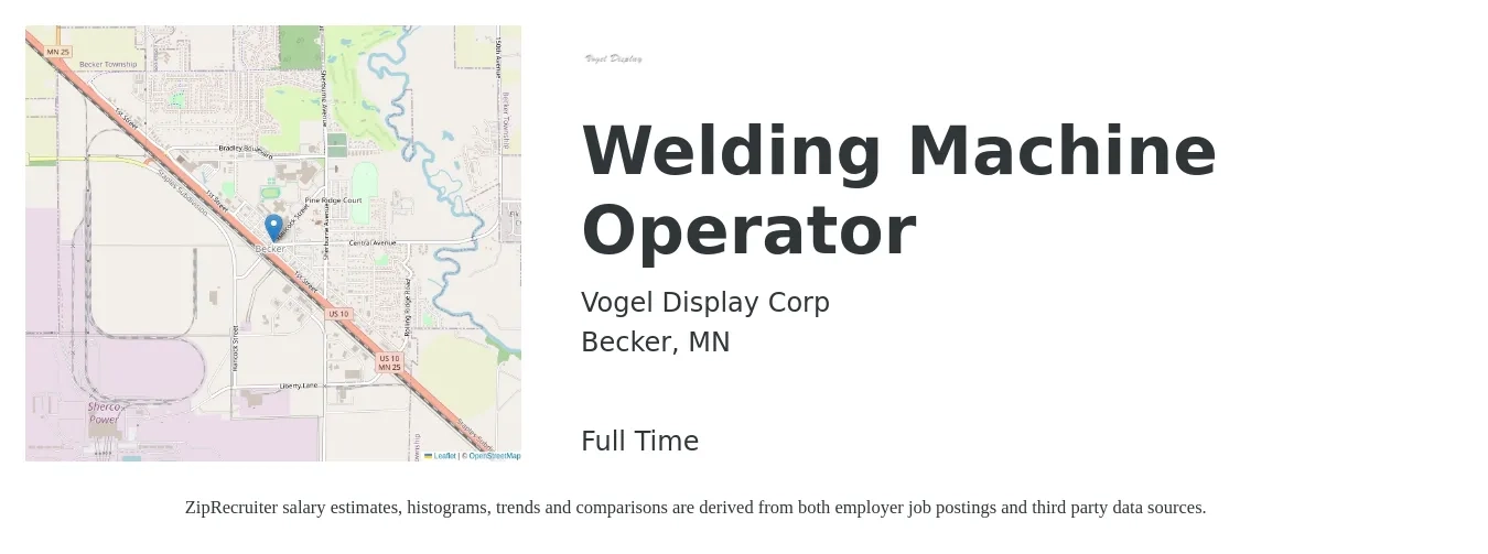 Vogel Display Corp job posting for a Welding Machine Operator in Becker, MN with a salary of $19 to $21 Hourly with a map of Becker location.