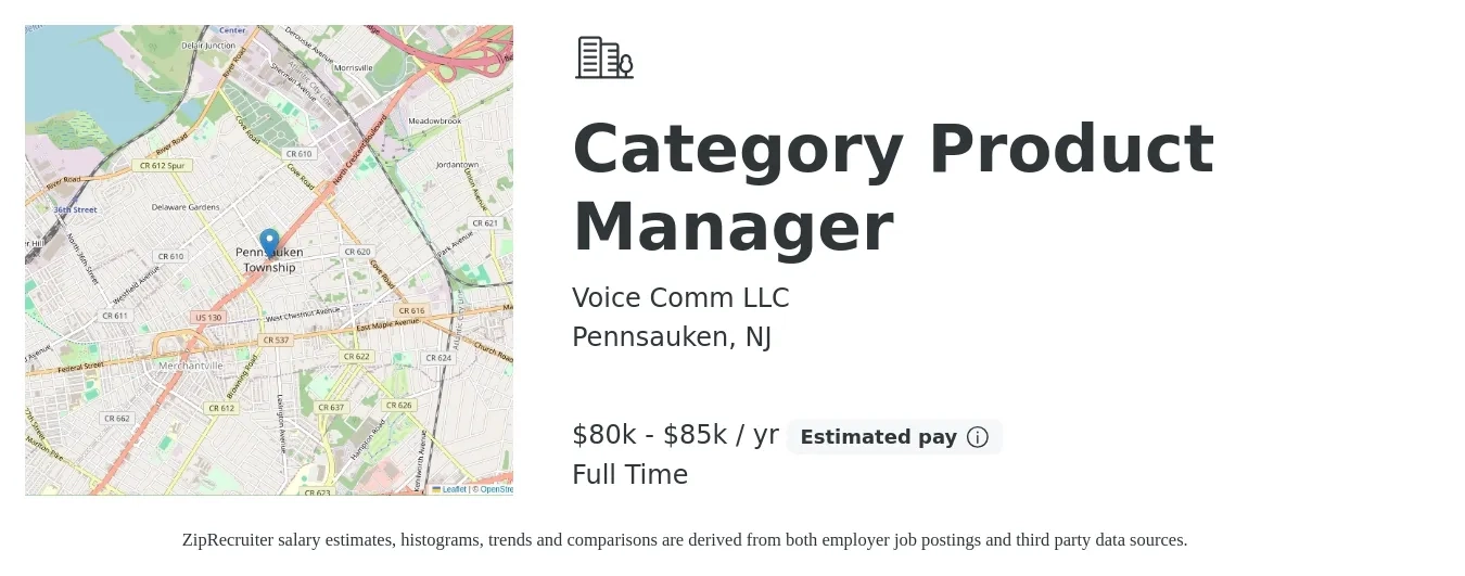 Voice Comm LLC job posting for a Category Product Manager in Pennsauken, NJ with a salary of $80,000 to $85,000 Yearly with a map of Pennsauken location.