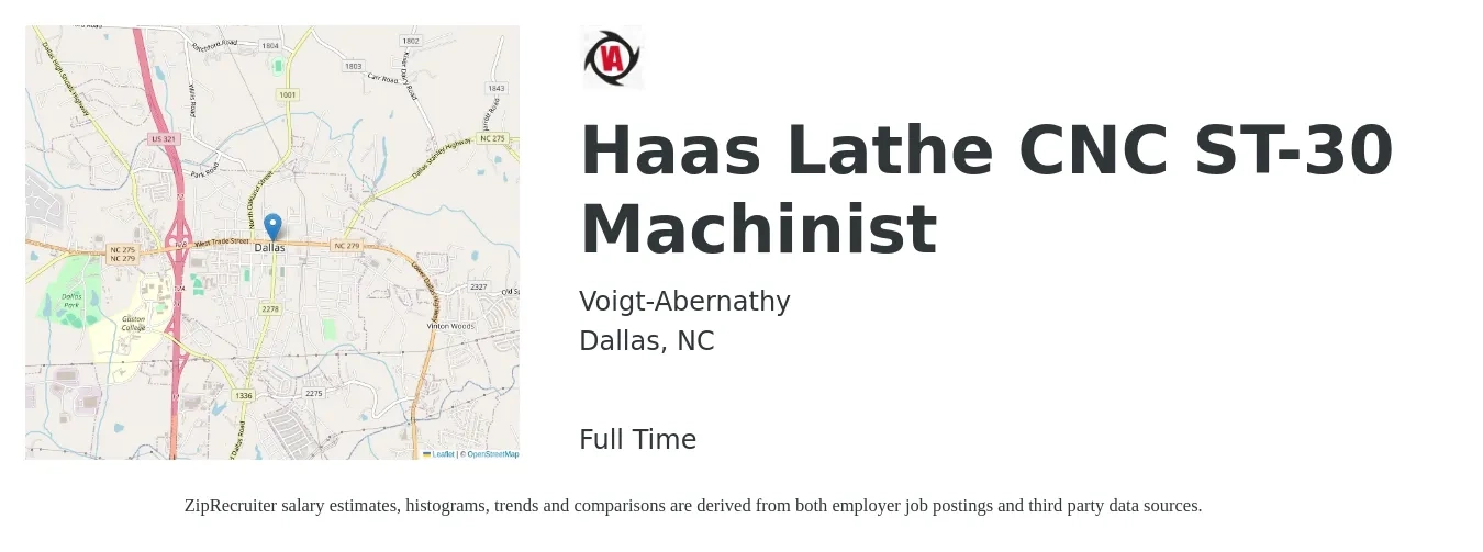Voigt-Abernathy job posting for a Haas Lathe CNC ST-30 Machinist in Dallas, NC with a salary of $19 to $24 Hourly with a map of Dallas location.