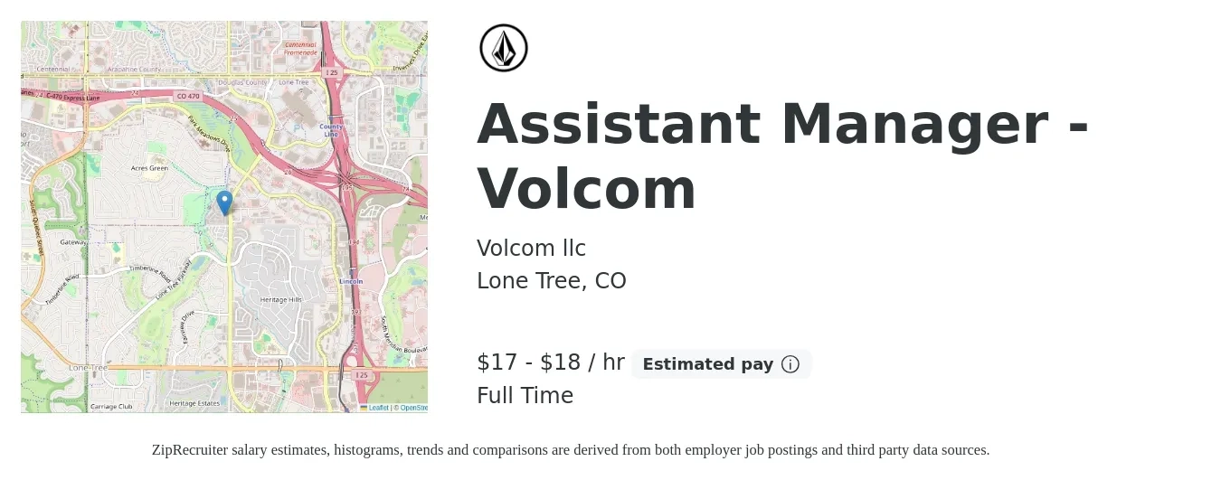 Volcom llc job posting for a Assistant Manager - Volcom in Lone Tree, CO with a salary of $18 to $19 Hourly with a map of Lone Tree location.