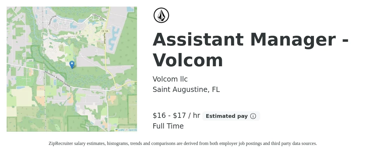 Volcom llc job posting for a Assistant Manager - Volcom in Saint Augustine, FL with a salary of $17 to $18 Hourly with a map of Saint Augustine location.