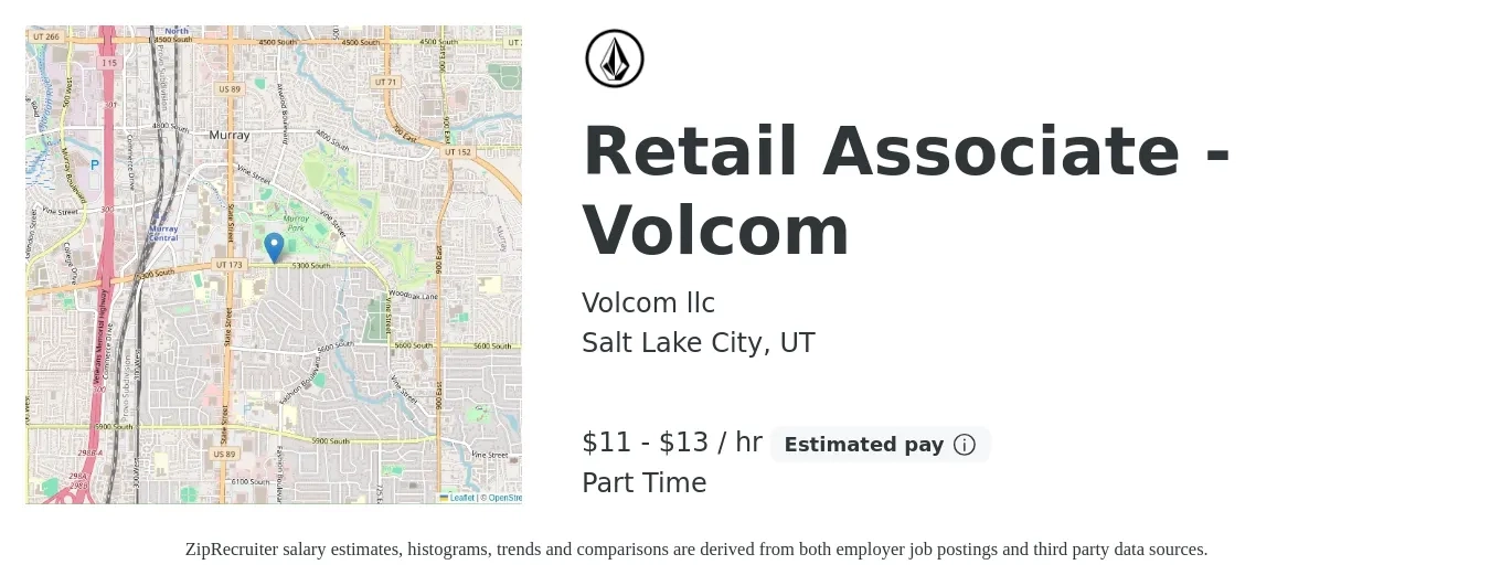 Volcom llc job posting for a Retail Associate - Volcom in Salt Lake City, UT with a salary of $12 to $14 Hourly with a map of Salt Lake City location.