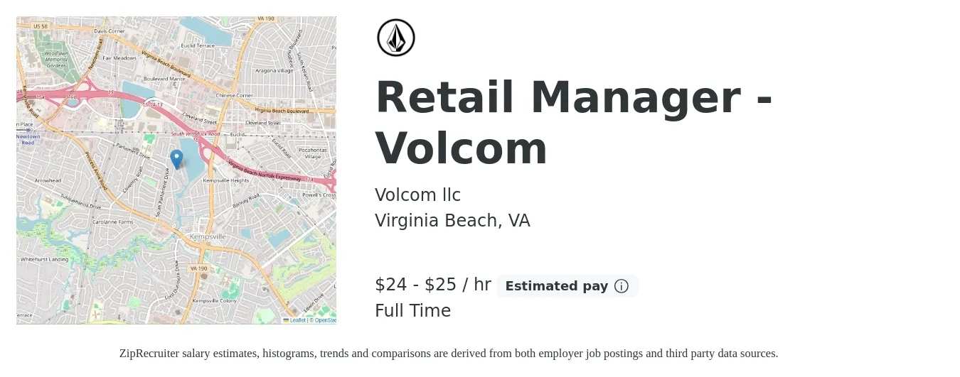 Volcom llc job posting for a Retail Manager - Volcom in Virginia Beach, VA with a salary of $25 to $26 Hourly with a map of Virginia Beach location.