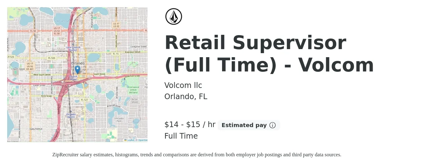 Volcom llc job posting for a Retail Supervisor (Full Time) - Volcom in Orlando, FL with a salary of $15 to $16 Hourly with a map of Orlando location.