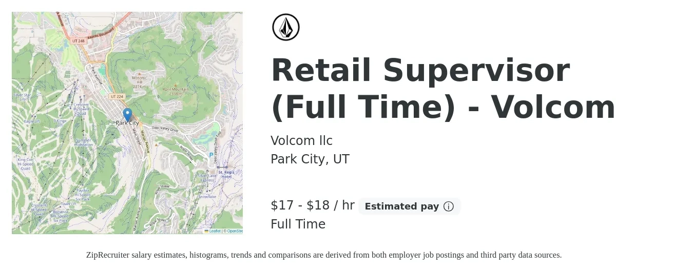 Volcom llc job posting for a Retail Supervisor (Full Time) - Volcom in Park City, UT with a salary of $18 to $19 Hourly with a map of Park City location.