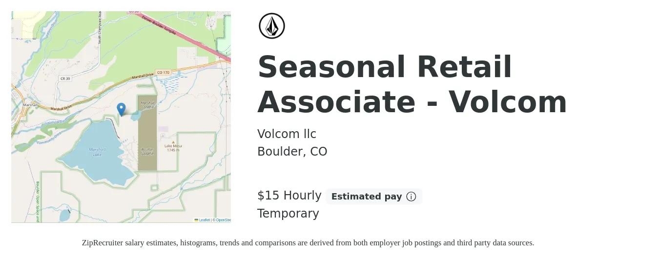 Volcom llc job posting for a Seasonal Retail Associate - Volcom in Boulder, CO with a salary of $16 Hourly with a map of Boulder location.